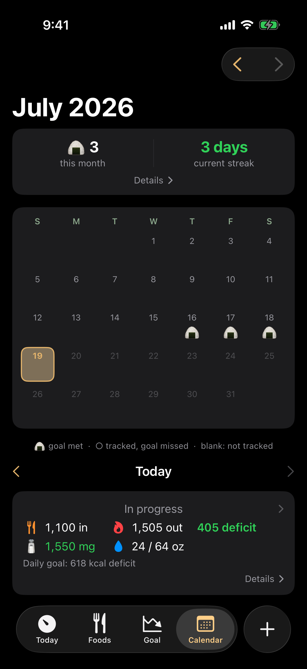 Calendar with earned onigiri badges and streak