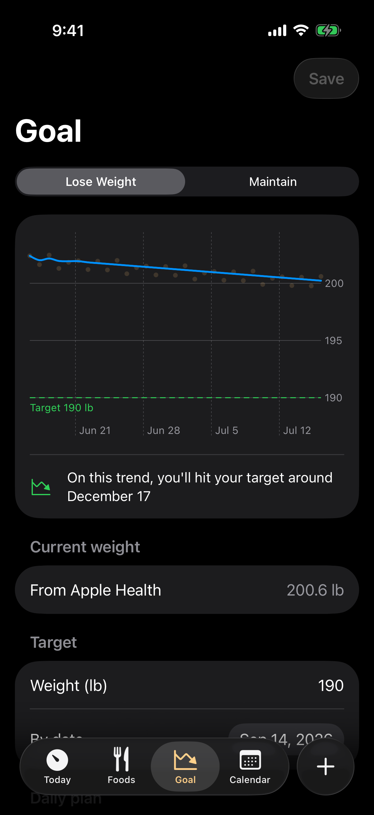 The Goal tab with weight trend and projection