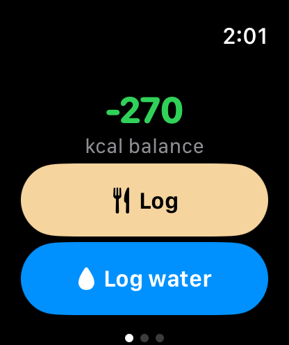 Apple Watch app: balance headline and log buttons